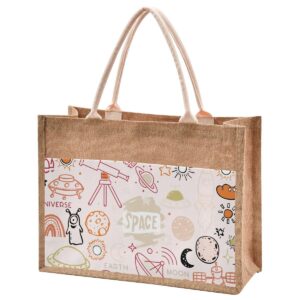 jute burlap tote pink orange space science universe rocket planet large beach bag reusable grocery shopping storage bag