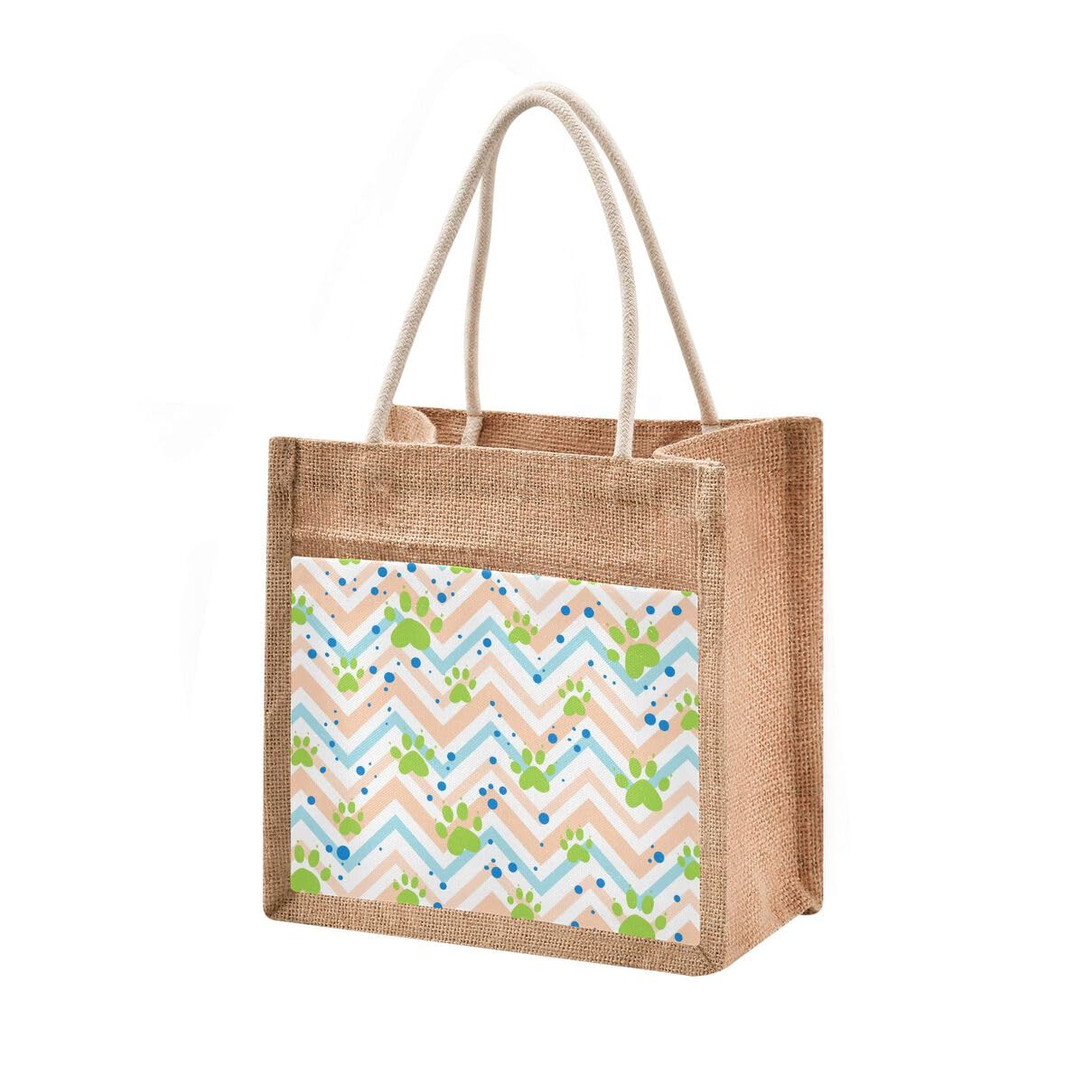 Tote Bag Cat Dog Footprints Paw Striped Zigzag Green Pink Blue Jute Burlap Wedding Bridesmaid Gift Bag Grocery Storage Bag