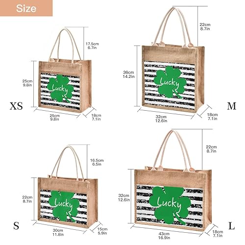 Jute Burlap Tote Bag Luck Clover Shamrock St Patrick's Day Spring Striped Black White Large Capacity Reusable Grocery Shopping Storage Bag