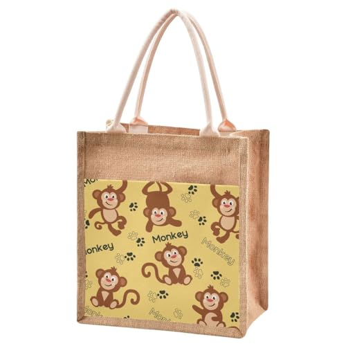 Jute Burlap Tote Bag Monkey Animal Paw Footprints Letter Cute Yellow Large Capacity Reusable Grocery Shopping Storage Bag