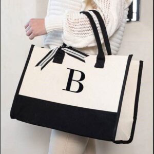 Mud Pie Classic Black and White Initial Canvas Tote Bags (B), 100% Cotton, 17" x 19" x 2"