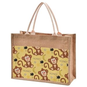 jute burlap tote yellow tropical monkey palm tree banana animal large beach bag reusable grocery shopping storage bag