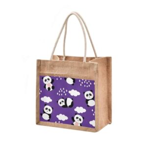 tote bag panda black purple cloud sky rain drops cute animal jute burlap wedding bridesmaid gift bag grocery storage bag