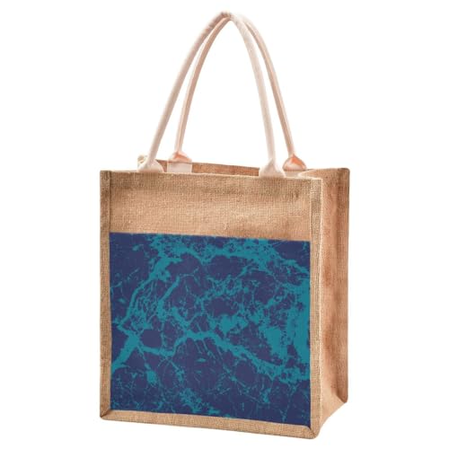 Jute Burlap Tote Bag Marble Striped Texture Artist Abstract Blue Navy Large Capacity Reusable Grocery Shopping Storage Bag