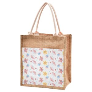 Jute Burlap Tote Bag Floral Flowers Leaves Rustic Country Garden Pink Yellow Large Capacity Reusable Grocery Shopping Storage Bag