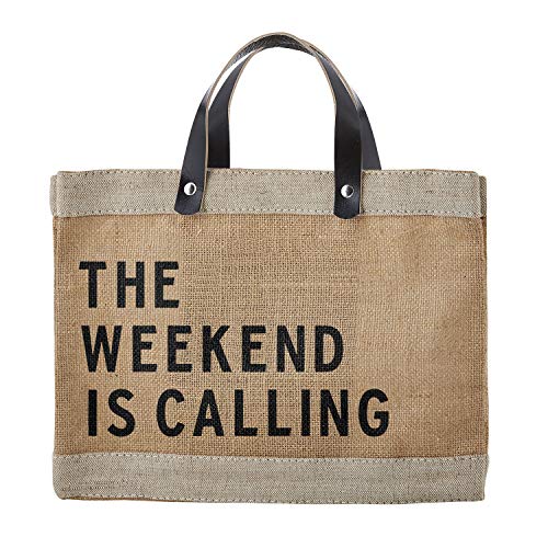 Santa Barbara Design Studio The Weekend is Calling Farmers Market Tote, Reusable Burlap Grocery Bag with Leather Handle, Purse for Beach or Picnics, Food Lovers Gift Idea, 12.5 x 9.5 Inches