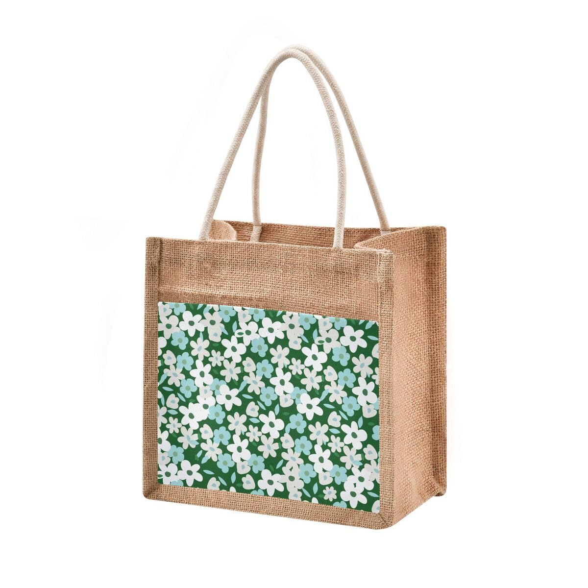 Tote Bag Country Garden Floral Flowers Green Jute Burlap Wedding Bridesmaid Gift Bag Grocery Storage Bag