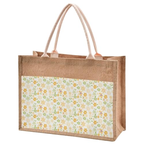 Jute Burlap Tote Floral Flowers Simple Rustic Solid Abstract Yellow Green Large Beach Bag Reusable Grocery Shopping Storage Bag