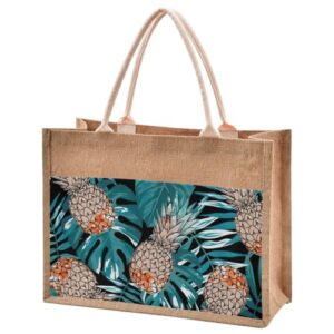 jute burlap tote pineapple green palm leaves tropical exotic large beach bag reusable grocery shopping storage bag