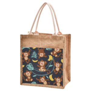 jute burlap tote bag navy monkey banana palm leaves tropical cute animal large capacity reusable grocery shopping storage bag