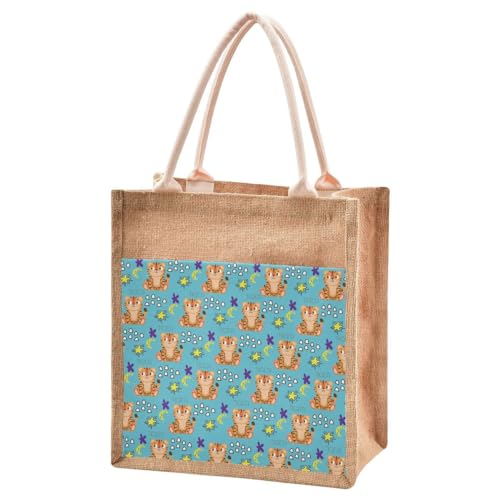 Jute Burlap Tote Bag Blue Tiger Animal Cute Star Moon Dots Large Capacity Reusable Grocery Shopping Storage Bag