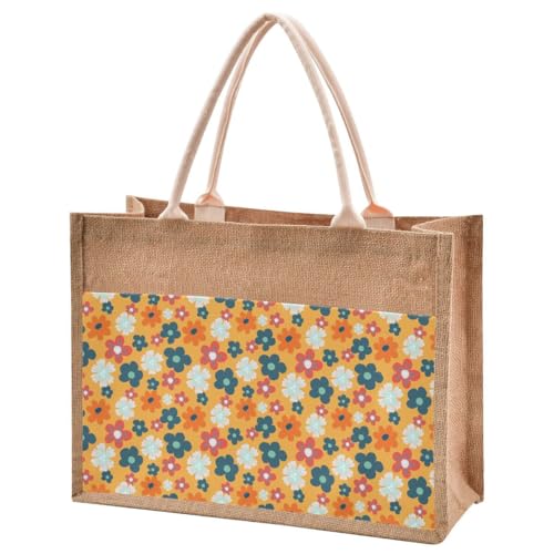 Jute Burlap Tote Scattered Daisy Floral Flowers Country Garden Autumn Orange Large Beach Bag Reusable Grocery Shopping Storage Bag