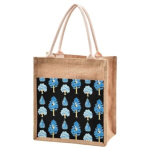 jute burlap tote bag blue tree watercolor cartoon painting black large capacity reusable grocery shopping storage bag