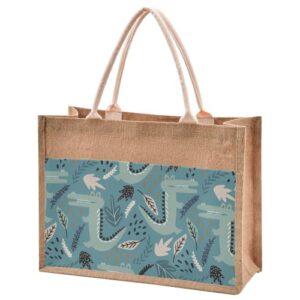 junzan crocodiles and leaves handdrawn blue jute tote bag resuable tote set big bags for women for burlap gift canva gift 16.9 x 12.6 inch