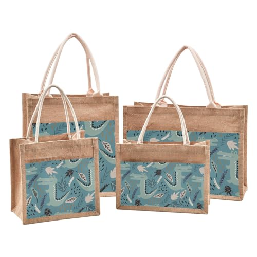 JUNZAN Crocodiles and Leaves Handdrawn Blue Jute Tote Bag Resuable Tote Set Big Bags For Women for Burlap Gift Canva Gift 16.9 x 12.6 Inch