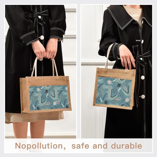 JUNZAN Crocodiles and Leaves Handdrawn Blue Jute Tote Bag Resuable Tote Set Big Bags For Women for Burlap Gift Canva Gift 16.9 x 12.6 Inch