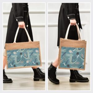 JUNZAN Crocodiles and Leaves Handdrawn Blue Jute Tote Bag Resuable Tote Set Big Bags For Women for Burlap Gift Canva Gift 16.9 x 12.6 Inch