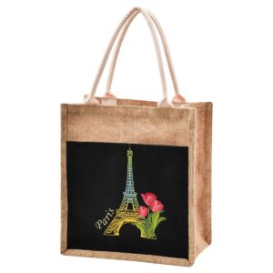 jute burlap tote bag paris eiffel tower floral flower black gold large capacity reusable grocery shopping storage bag