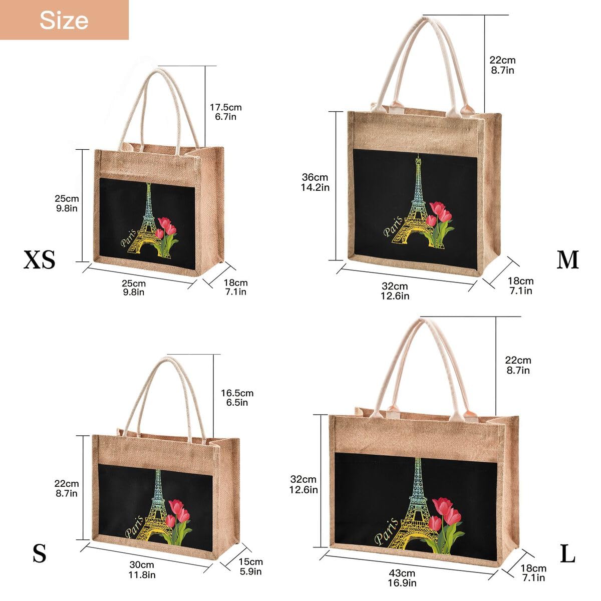 Jute Burlap Tote Bag Paris Eiffel Tower Floral Flower Black Gold Large Capacity Reusable Grocery Shopping Storage Bag