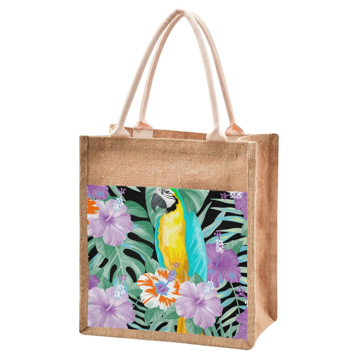 Jute Burlap Tote Bag Parrot Tropical Bird Floral Flowers Leaves Purple Green Large Capacity Reusable Grocery Shopping Storage Bag