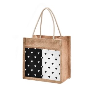 tote bag love hearts polka dots striped black white jute burlap wedding bridesmaid gift bag grocery storage bag