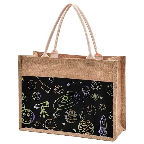 Jute Burlap Tote Planets Galaxy Universe Space Stars Hippie Rainbow Purple Green Large Beach Bag Reusable Grocery Shopping Storage Bag