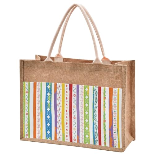 Jute Burlap Tote Rainbow Bohemian Striped Floral Flowers Leaves Tribal Ethnic Large Beach Bag Reusable Grocery Shopping Storage Bag