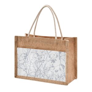 jute tote burlap bag tree branches grey floral leaves watercolor vintage gift bag women diy work grocery storage bag