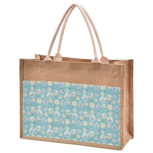 Jute Burlap Tote Blue Yellow Floral Liberty Plant Flowers Bohemian Large Beach Bag Reusable Grocery Shopping Storage Bag