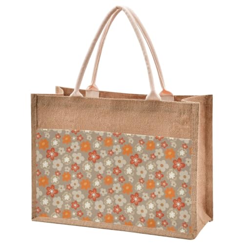 Jute Burlap Tote Scattered Daisy Floral Flowers Country Garden Khaki Orange Autumn Large Beach Bag Reusable Grocery Shopping Storage Bag