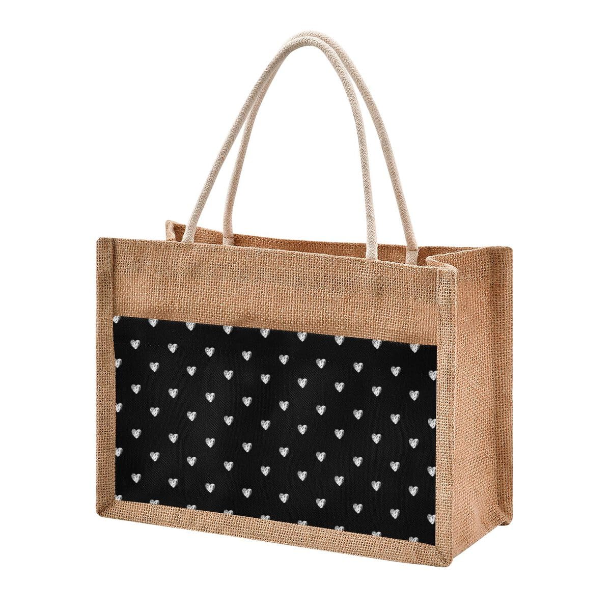 Jute Tote Burlap Bag Love Hearts Cute Valentine's Day Birthday Black White Gift Bag Women DIY Work Grocery Storage Bag