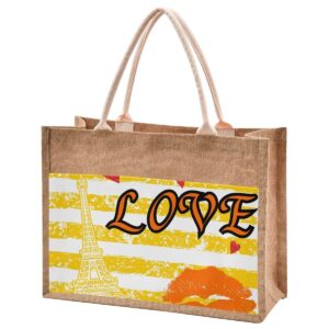 Jute Burlap Tote Valentine's Day Birthday Love Lip Striped Eiffel Tower Yellow Large Beach Bag Reusable Grocery Shopping Storage Bag