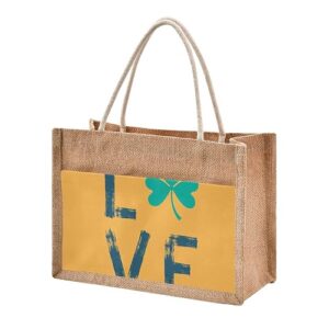 jute tote burlap bag love letter clover shamrock st patrick's day orange gift bag women diy work grocery storage bag