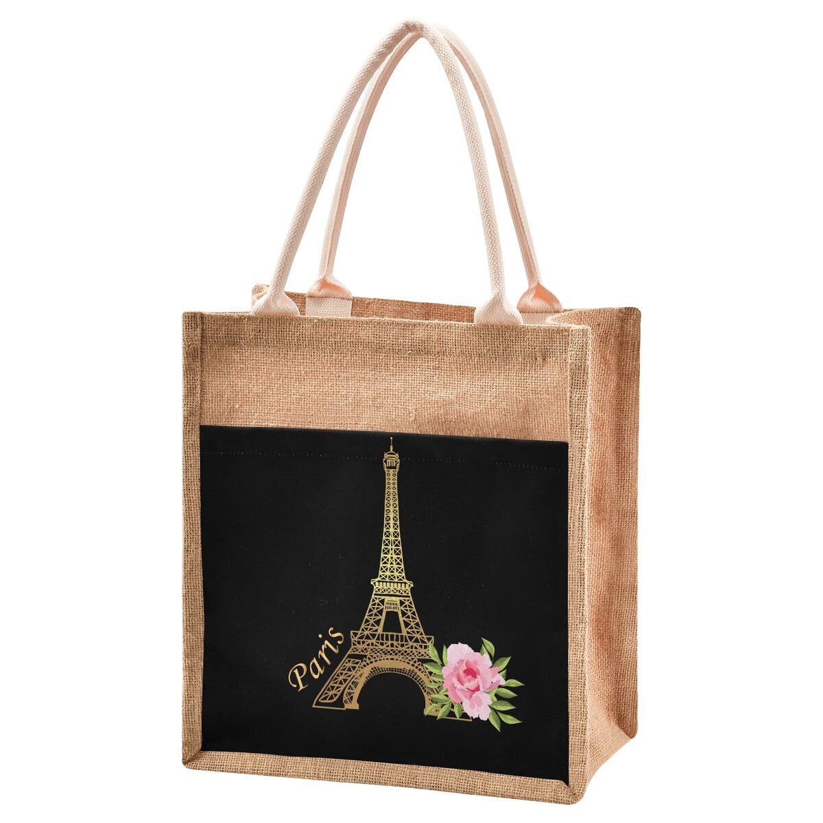 Jute Burlap Tote Bag Paris Eiffel Tower Floral Flower Black Gold Rose Large Capacity Reusable Grocery Shopping Storage Bag