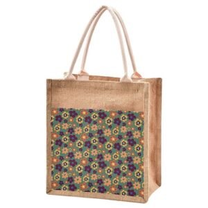 jute burlap tote bag retro green scattered daisy floral flowers country garden large capacity reusable grocery shopping storage bag