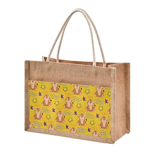 Jute Tote Burlap Bag Yellow Tiger Animal Cute Star Moon Dots Gift Bag Women DIY Work Grocery Storage Bag