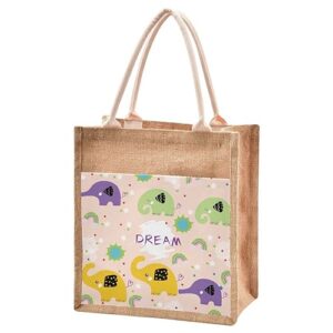 jute burlap tote bag elephant dream rainbow sun stars cute animal pink purple large capacity reusable grocery shopping storage bag