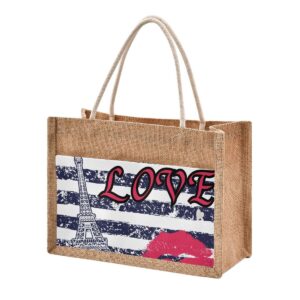 jute tote burlap bag valentine's day love paris eiffel tower striped kiss lip navy gift bag women diy work grocery storage bag