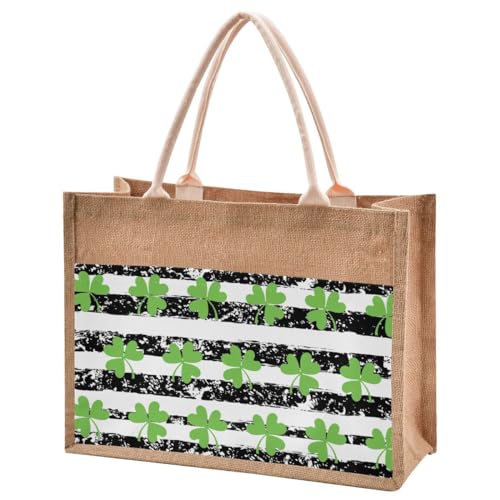 Jute Burlap Tote Striped Shamrock Luck Clover St Patrick's Day Spring Striped Green White Large Beach Bag Reusable Grocery Shopping Storage Bag