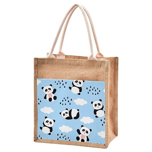 Jute Burlap Tote Bag Panda Blue Cloud Sky Rain Drops Cute Animal Large Capacity Reusable Grocery Shopping Storage Bag