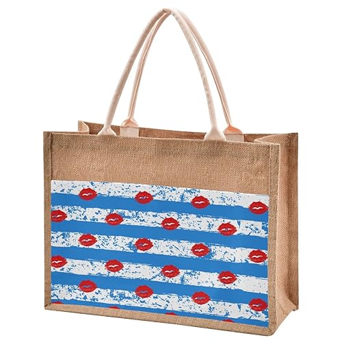 Jute Burlap Tote Love Lip Striped Valentine's Day Birthday Red Blue Large Beach Bag Reusable Grocery Shopping Storage Bag