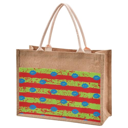 Jute Burlap Tote Love Lip Striped Valentine's Day Birthday Green Red Large Beach Bag Reusable Grocery Shopping Storage Bag