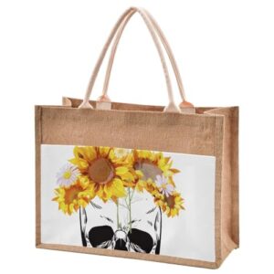 jute burlap tote skull daisy floral flowers sunflowers halloween autumn large beach bag reusable grocery shopping storage bag