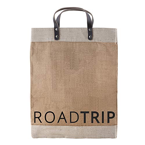 Santa Barbara Design Studio Road Trip Travel Tote, Boho Reusable Grocery Bag with Leather Handle, Purse for Beach or Picnic, Burlap Gift Bags, 13 x 18 Inches