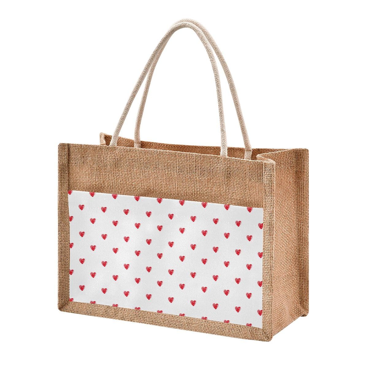 Jute Tote Burlap Bag Red White Love Hearts Cute Valentine's Day Birthday Gift Bag Women DIY Work Grocery Storage Bag