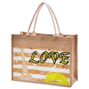 Jute Burlap Tote Valentine's Day Birthday Love Lip Striped Eiffel Tower Yellow Large Beach Bag Reusable Grocery Shopping Storage Bag