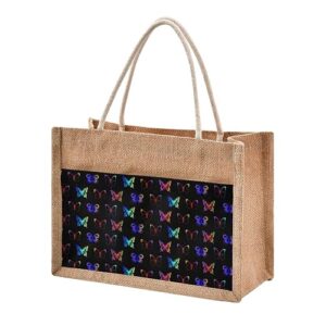 Jute Tote Burlap Bag Butterfly Hippie Rainbow Galaxy Stars Red Navy Gift Bag Women DIY Work Grocery Storage Bag