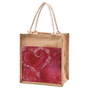 Sinestour Valentine''s Day Heart Jute Tote Bag Jute Gift Bags with Handle Burlap Tote Bag with Canvas Front Pocket Jute Bags Beach Bags for Women Beach Tote Bag