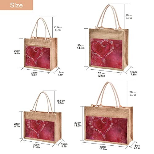 Sinestour Valentine''s Day Heart Jute Tote Bag Jute Gift Bags with Handle Burlap Tote Bag with Canvas Front Pocket Jute Bags Beach Bags for Women Beach Tote Bag