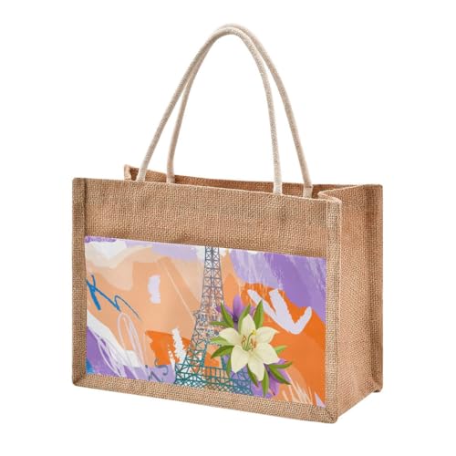 Jute Tote Burlap Bag Paris Eiffel Tower Purple Watercolor Floral Flowers Gift Bag Women DIY Work Grocery Storage Bag